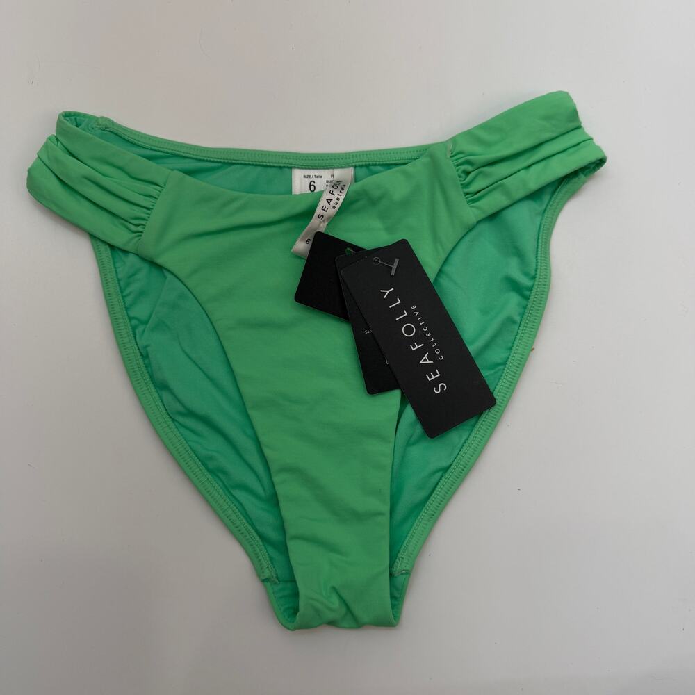 NEW Seafolly Green High Cut Ruched Side Bikini Bottom Swimsuit 6